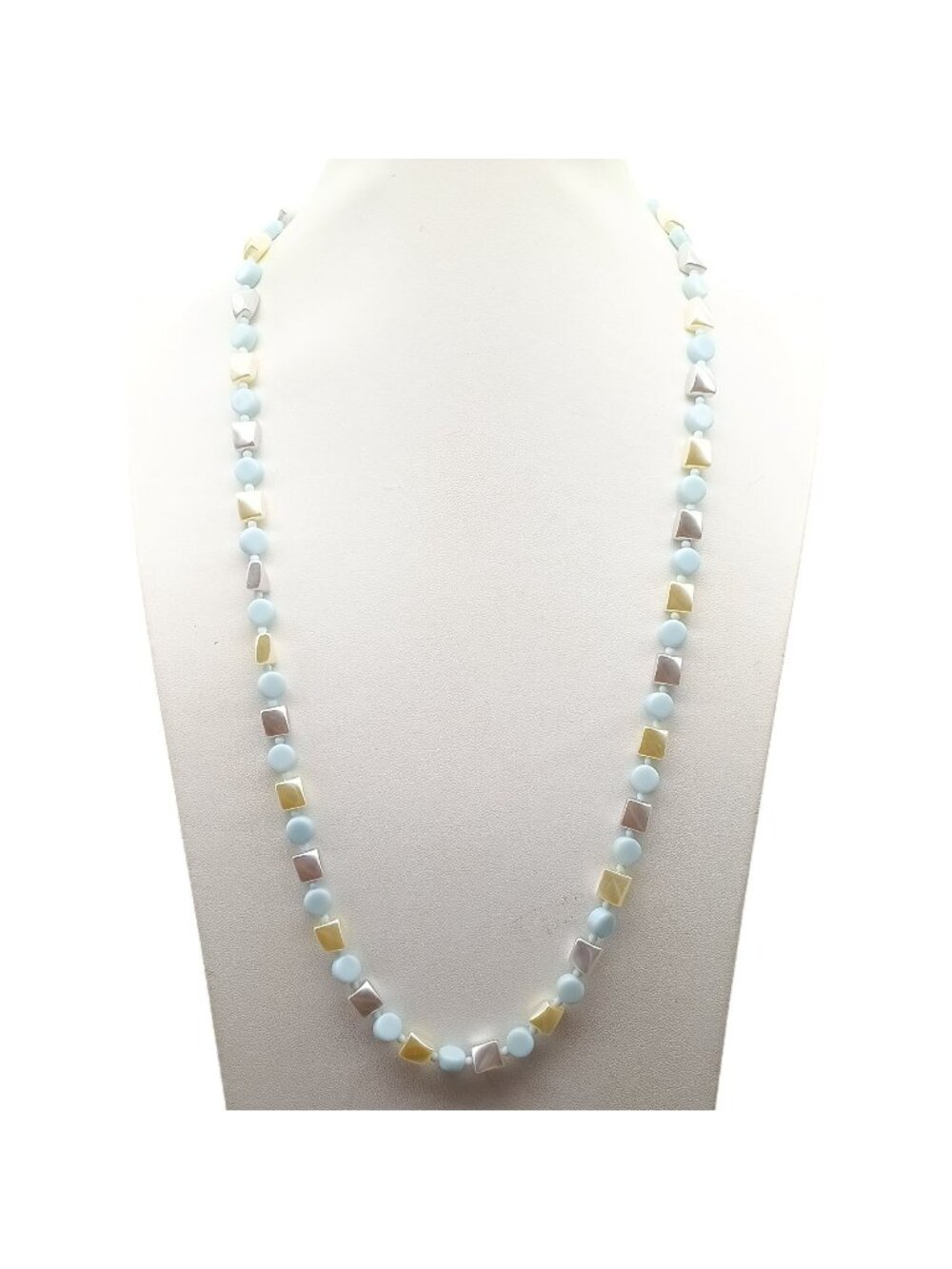Vintage Pastel Beaded Necklace with Light Blue and Creamy Geometric Beads